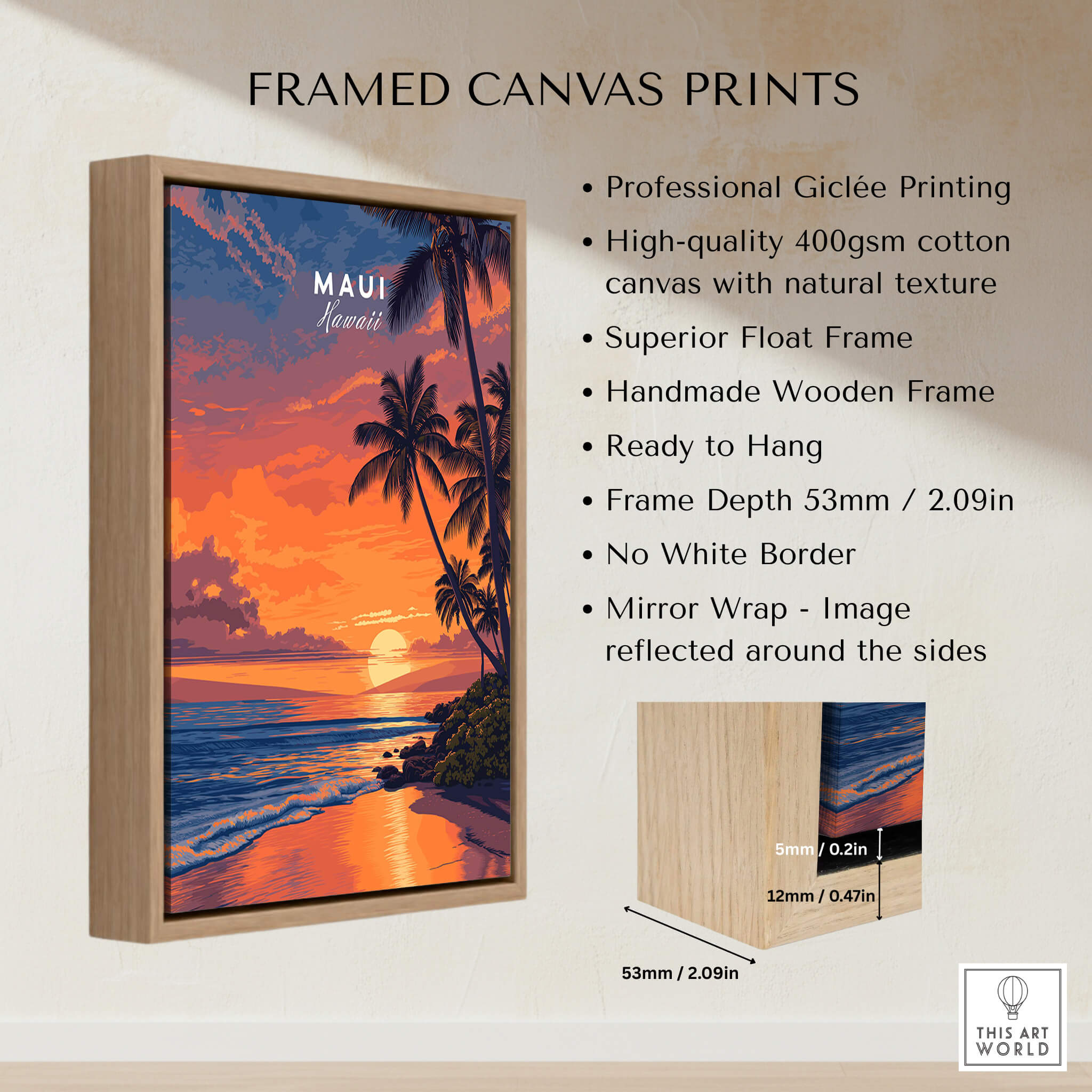 Maui Hawaii Travel Poster | Golden Hour Ocean Sunset Wall Art Print displayed in a wooden frame with vibrant colors.