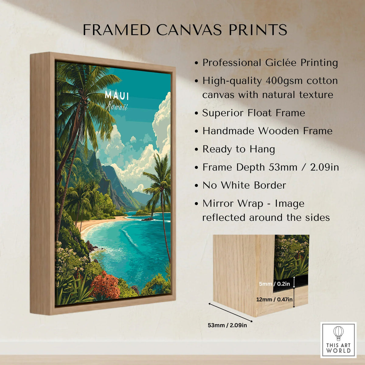 Maui Hawaii Wall Art Print | Lush Tropical Mountain Coast Travel Poster framed canvas print displayed on wall.