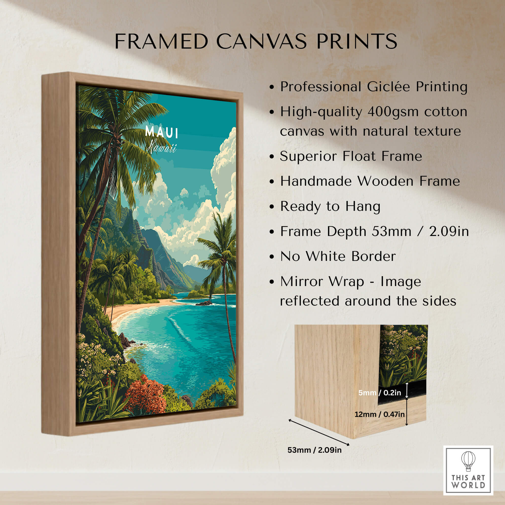 Maui Hawaii Wall Art Print | Lush Tropical Mountain Coast Travel Poster framed canvas print displayed on wall.
