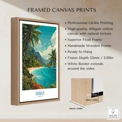 Maui Hawaii Poster | Exotic Island Paradise Shoreline Canvas Print framed with natural wood and vibrant landscape design.