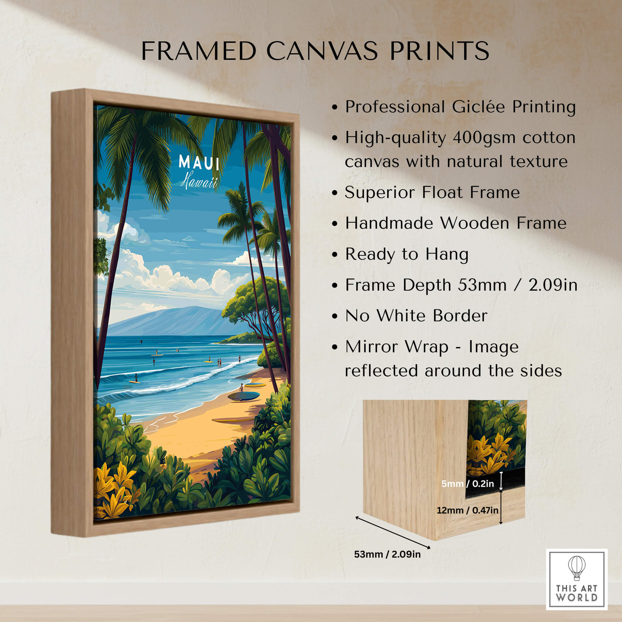 Maui Hawaii Travel Poster | Sunny Surfing Beach Wall Art Print on a framed canvas with natural texture and vibrant colors.
