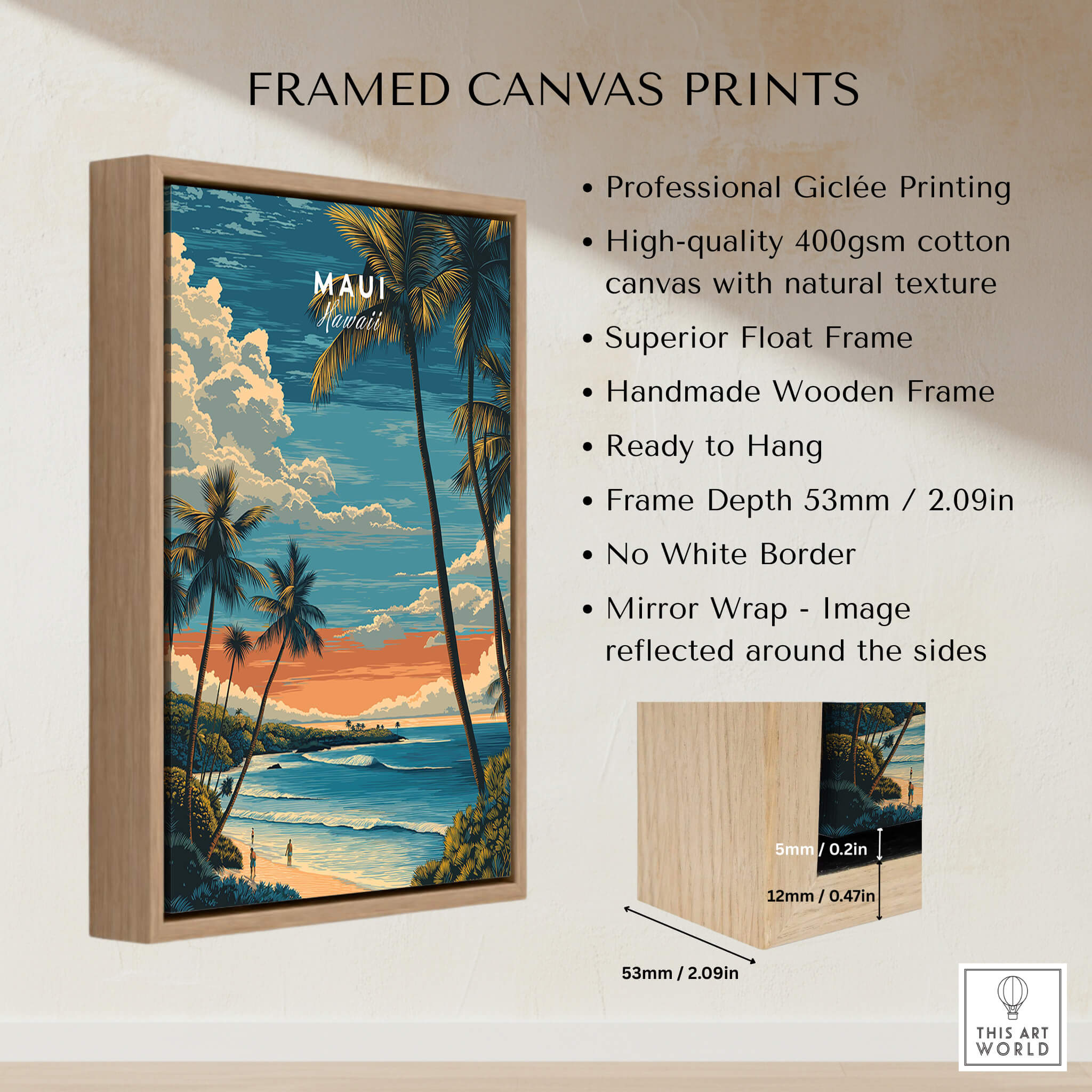 Maui Wall Art Print | Hawaii Evening Coastal Landscape Travel Poster showcasing framed canvas with palm trees and ocean.