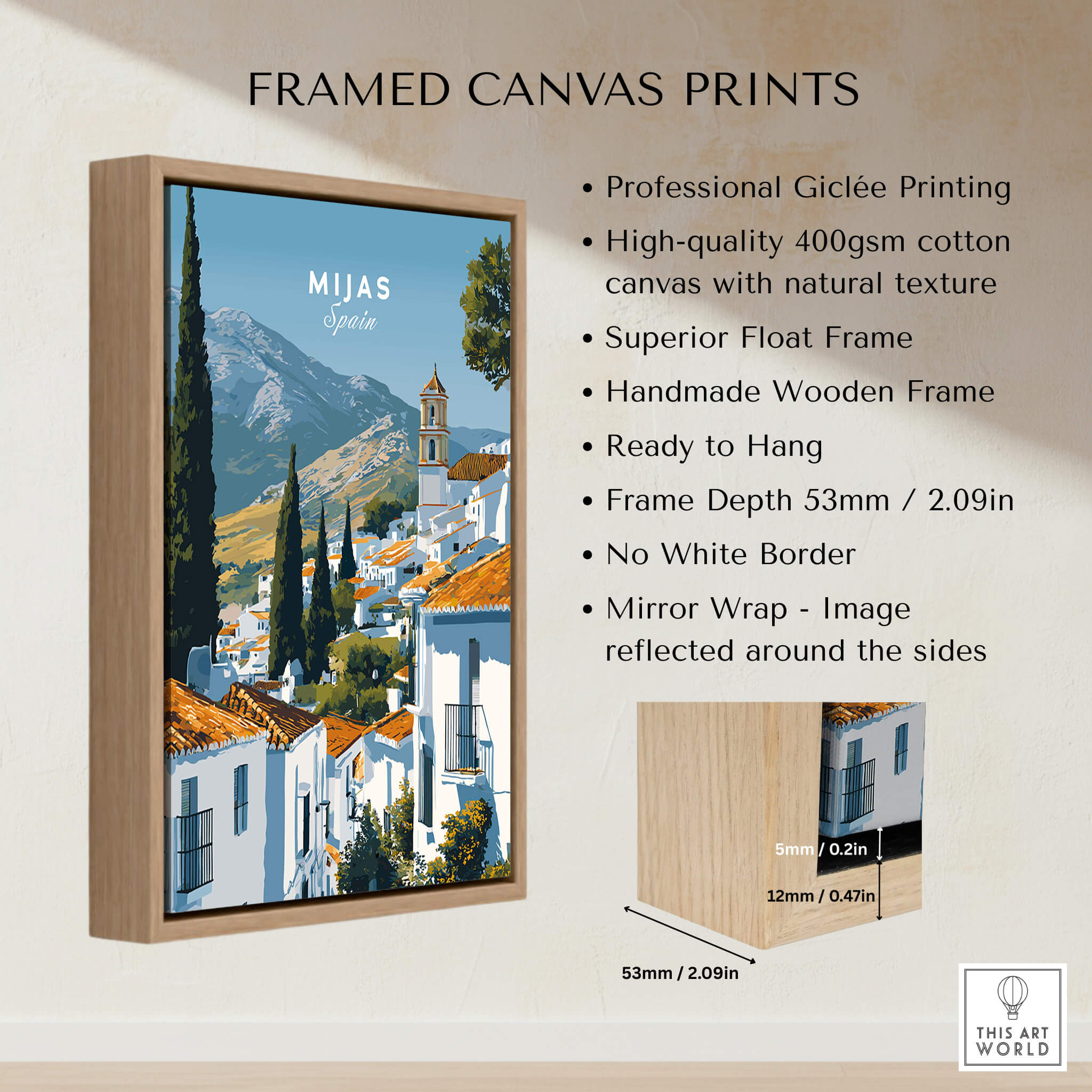 Mijas Spain Wall Art Print | Andalusian White Village Travel Poster framed on a wall with detailed features.