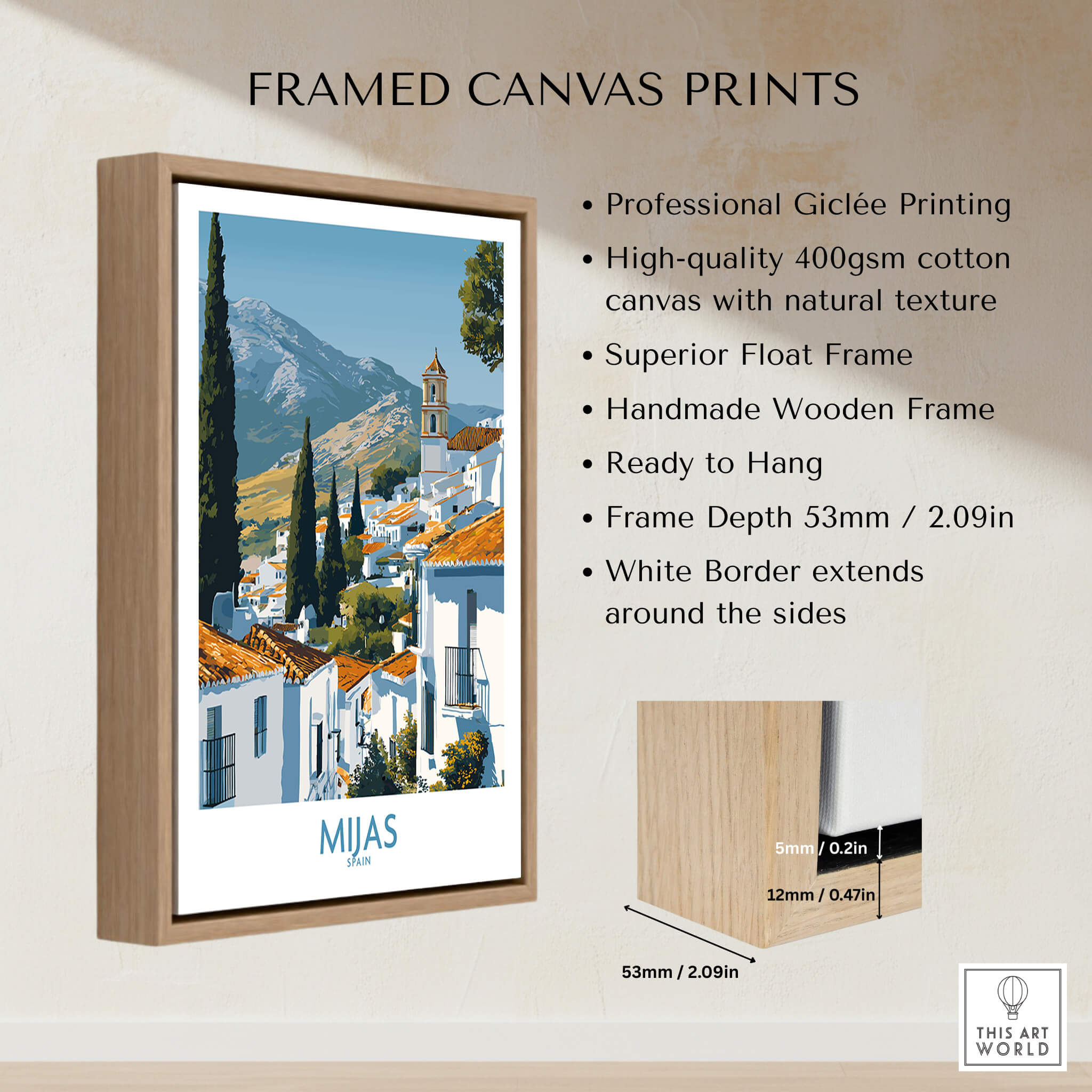 Mijas Spain Poster | Scenic Mountain Town Landscape Canvas Print in a framed print showcasing the beauty of Mijas.