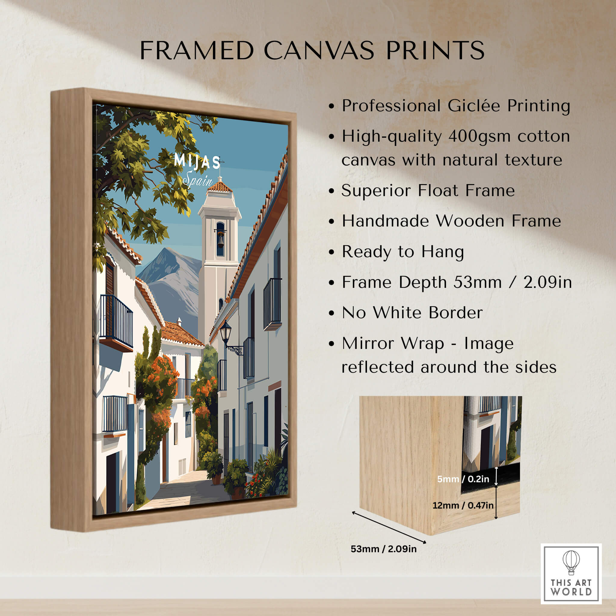 Mijas Spain Travel Poster | Traditional White Street Wall Art Print framed canvas print with wooden frame and vibrant street art.