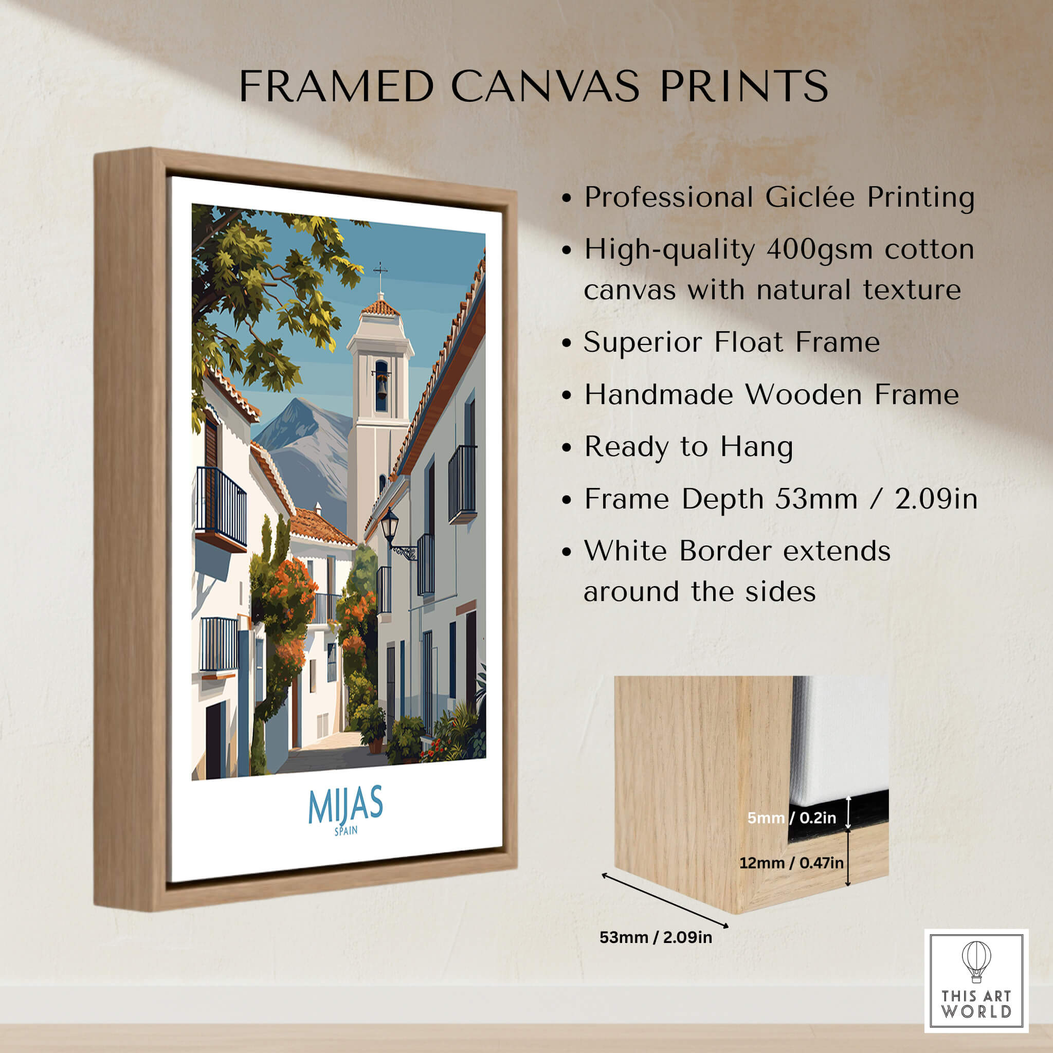 Mijas Spain Canvas Print | Historic Spanish Village Scene Poster, framed giclée artwork with natural texture.
