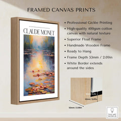 Claude Monet Wall Art Print - Vintage Home Decor Poster Impressionist Artwork framed on a wooden wall showcasing vibrant water lilies.