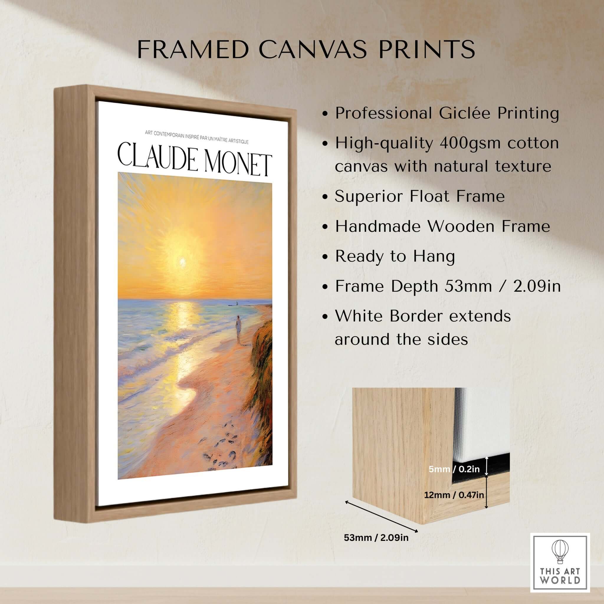 Monet Beach Artwork - Impressionist Room Decor - Coastal Sunset Stroll Beach Wall Art, framed canvas print with warm coastal sunset.