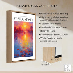 Framed canvas print of Claude Monet Vibrant Sunset Water Lilies Wall Art - Lake Reflection Print with natural texture.