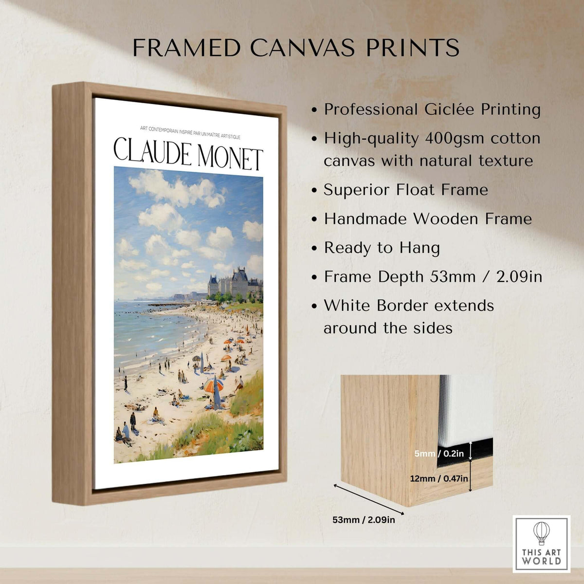 Claude Monet Sunny Beach Day Wall Art - Coastal Resort Scene Print showcased in a wooden frame, highlighting giclée quality.