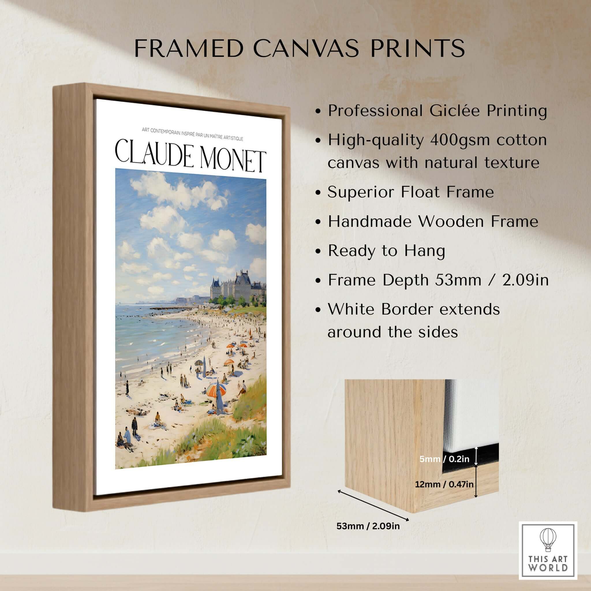 Claude Monet Sunny Beach Day Wall Art - Coastal Resort Scene Print showcased in a wooden frame, highlighting giclée quality.