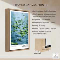 Claude Monet Print - Calm Lily Pads on Blue Water Wall Art displayed in a framed canvas print with natural texture.