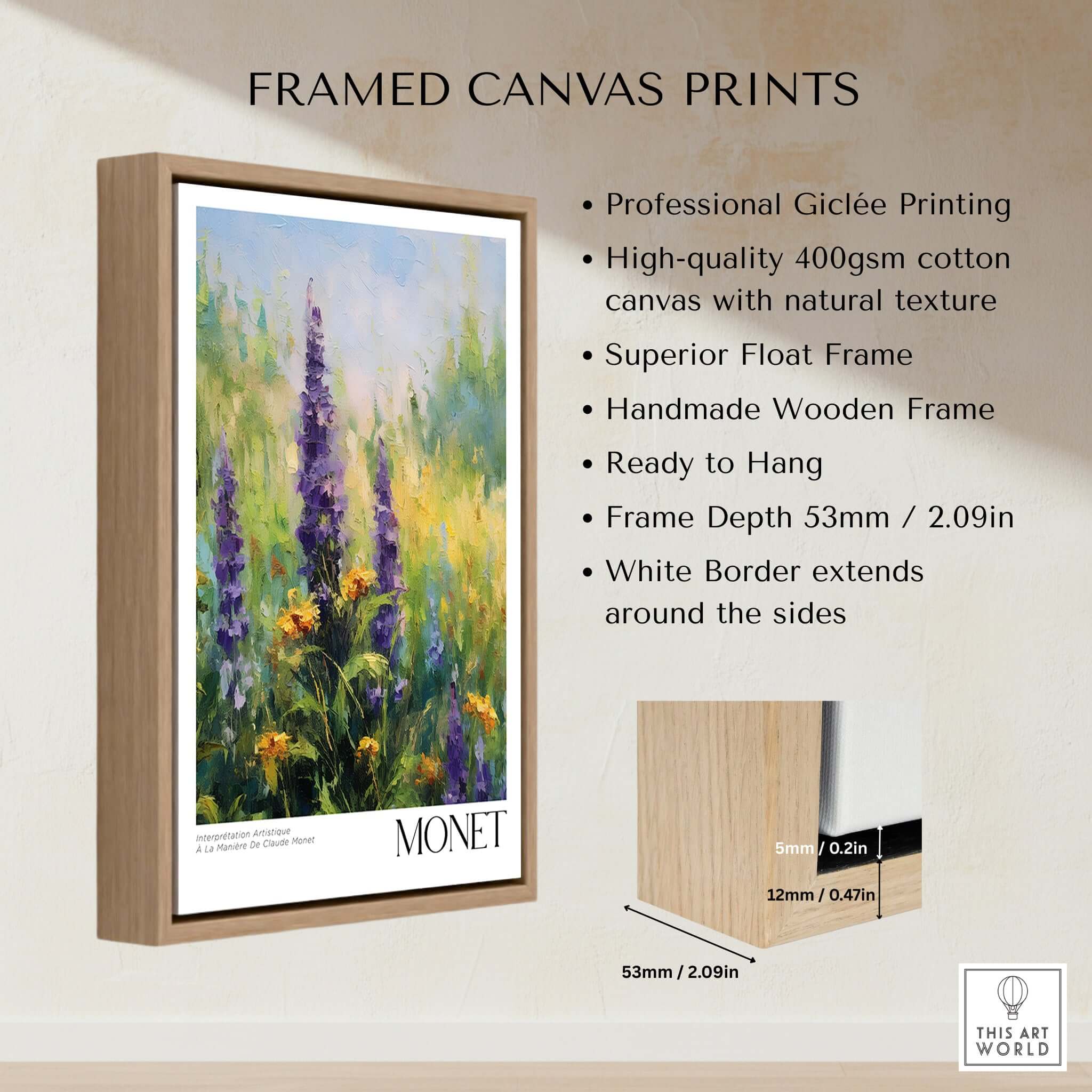 Claude Monet Art Print - Wildflower Meadow Purple Floral Print showcased as a framed canvas print with natural texture.