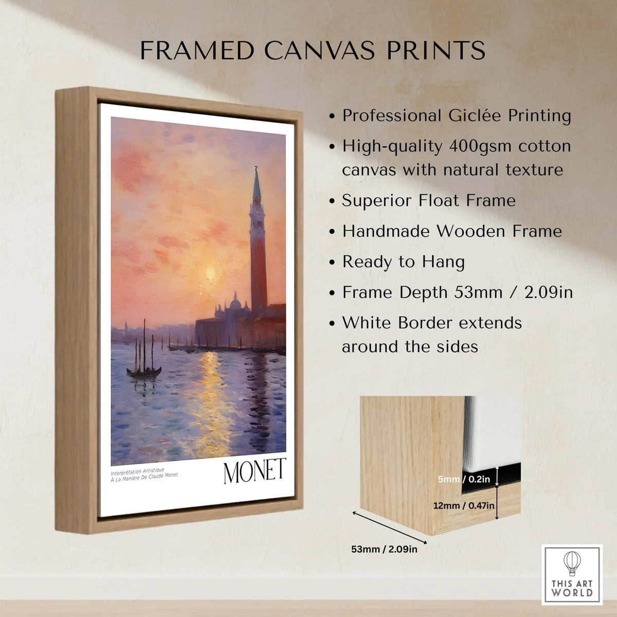 Monet Venice wall art framed print showcasing a sunset reflection over the canal with elegant wooden frame details.