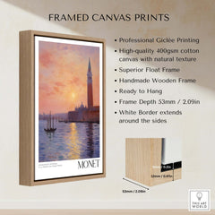 Monet Venice wall art framed print showcasing a sunset reflection over the canal with elegant wooden frame details.