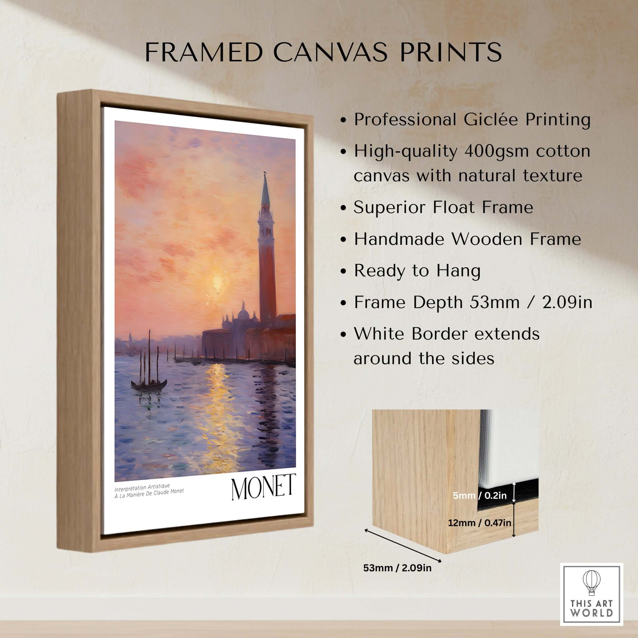 Monet Venice wall art framed print showcasing a sunset reflection over the canal with elegant wooden frame details.