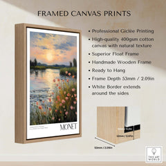 Claude Monet Wall Art Print - Sunset River Poppies framed canvas print features serene riverside sunset and orange poppies.
