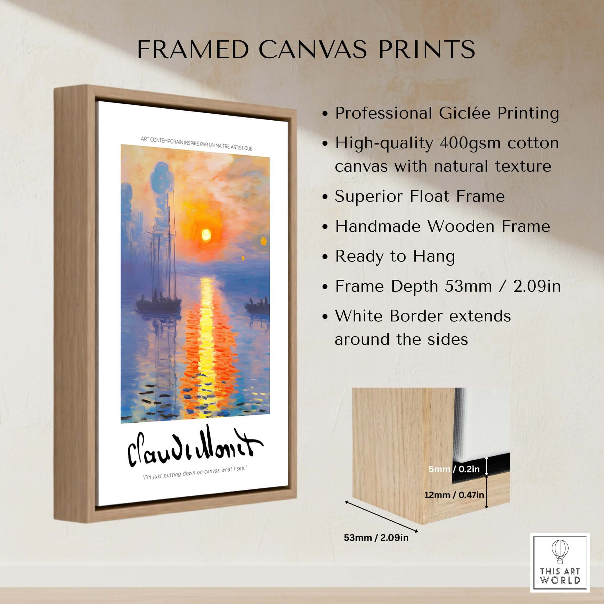 Claude Monet Art Print - Impressionist Sunrise Harbor Wall Art displayed in a framed canvas print with wooden frame.