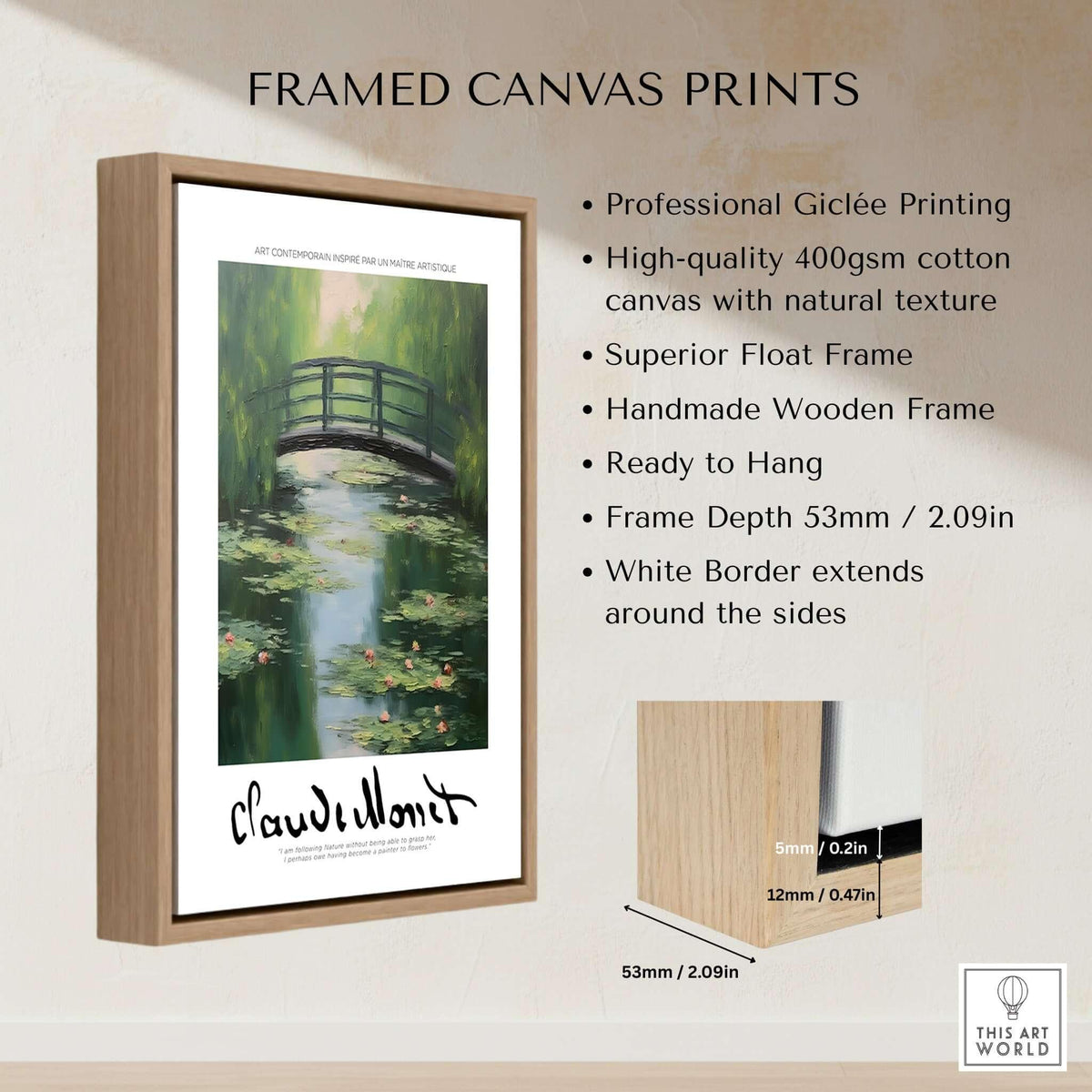 Claude Monet Art Print - Japanese Bridge Monet Water Lilies Print - Garden Pond Wall Art framed canvas with wooden frame