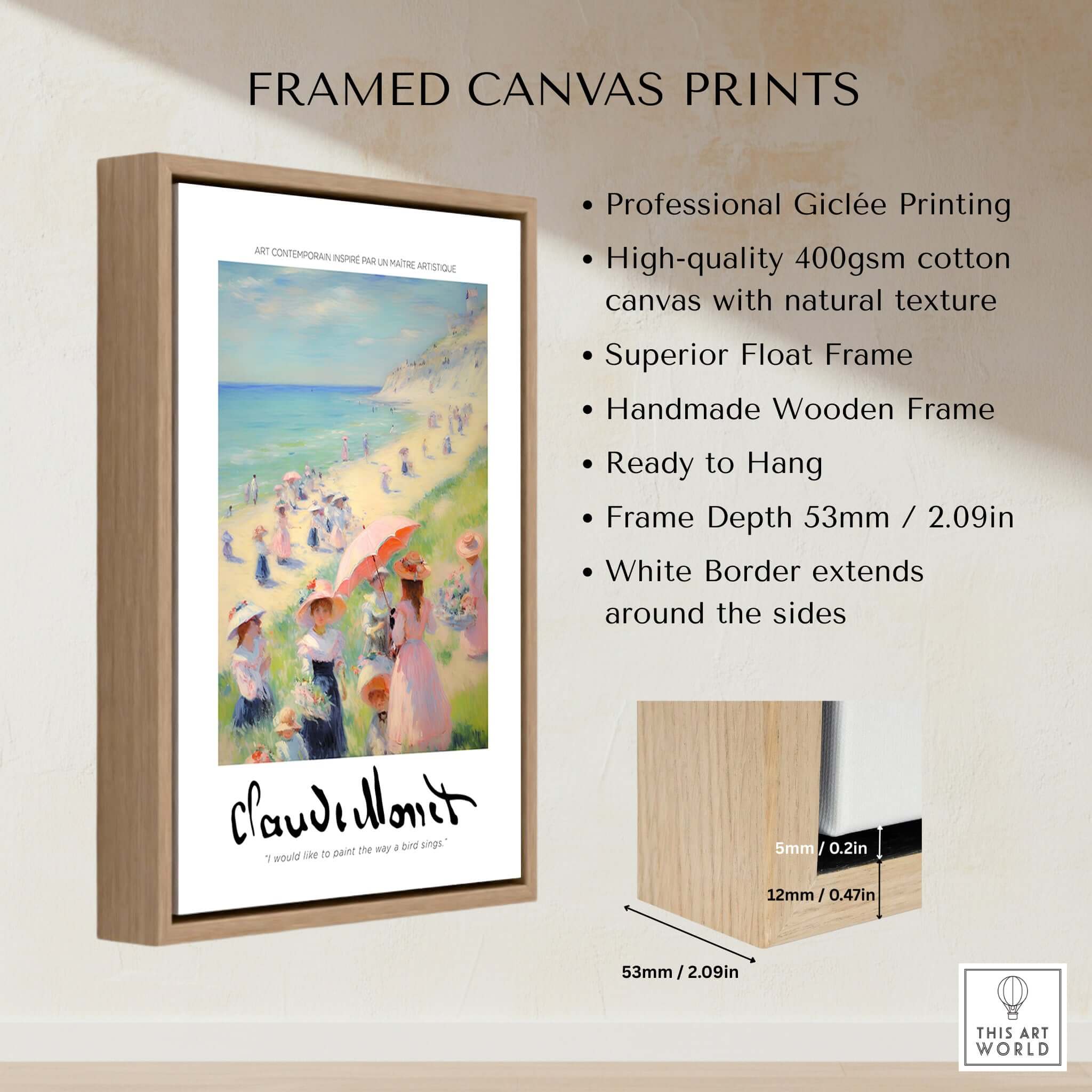 Claude Monet Art Print - Elegant Seaside Beach Wall Art framed canvas print with giclée quality and natural texture.