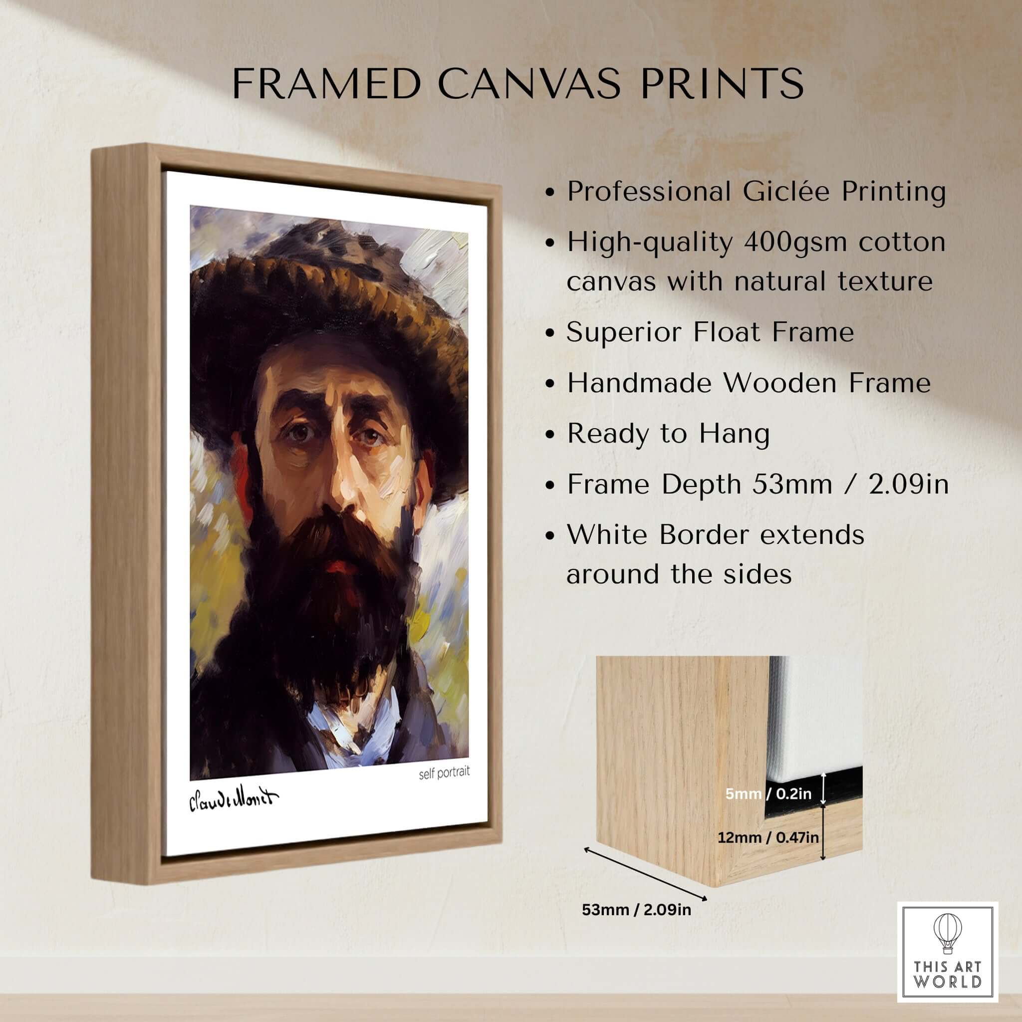 Claude Monet Self Portrait Wall Art - Impressionist Poster Print with frame and description details.