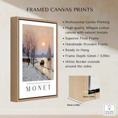 Claude Monet Poster - Winter River Sunset Wall Art - Snow Scene Print framed canvas with natural texture and white border