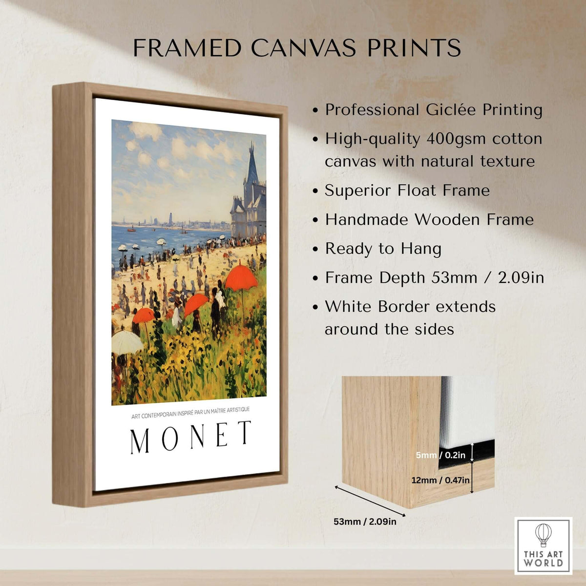 Claude Monet Art Print - Sunny Beach Resort with Flowers Poster displayed in a framed canvas print.