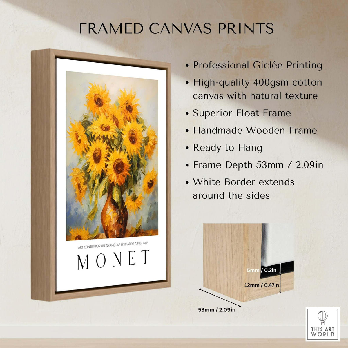Claude Monet Art Print - Radiant Sunflowers in Vase Wall Art framed canvas print with wooden frame and high-quality giclée printing.