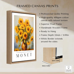 Claude Monet Art Print - Radiant Sunflowers in Vase Wall Art framed canvas print with wooden frame and high-quality giclée printing.