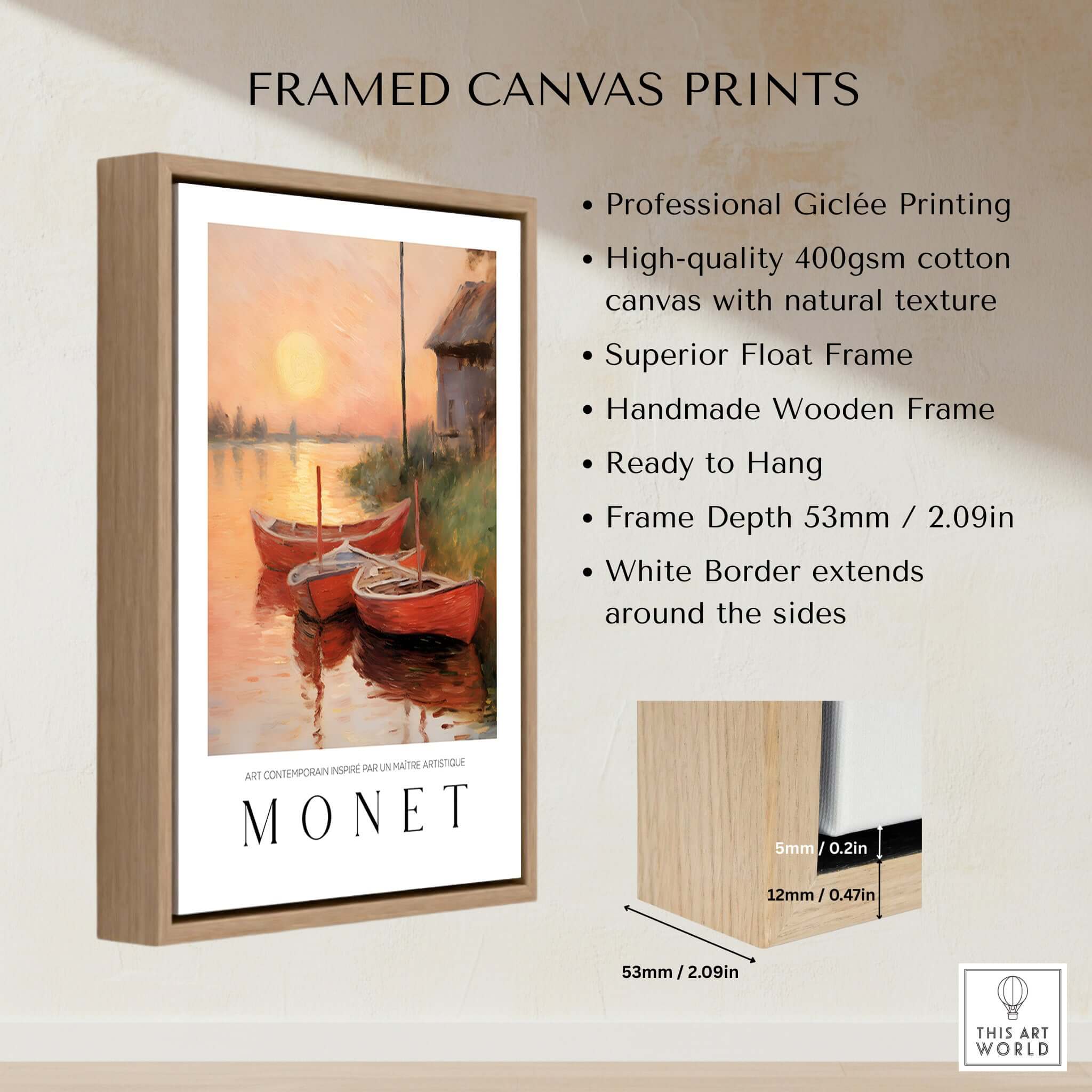 Claude Monet Art Print - Red Boats at Sunset Riverbank Wall Art framed canvas print with wooden frame.