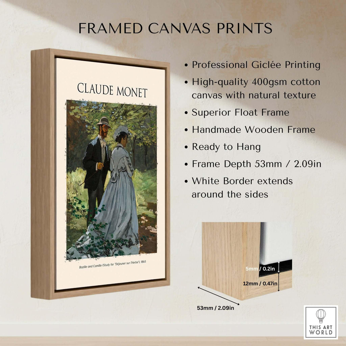 Monet Bazille and Camille Déjeuner sur l Herbe Study Impressionist Poster Art Print showcasing wooden frame with specifications.