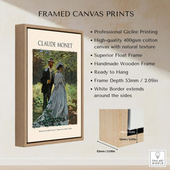Monet Bazille and Camille Déjeuner sur l Herbe Study Impressionist Poster Art Print showcasing wooden frame with specifications.