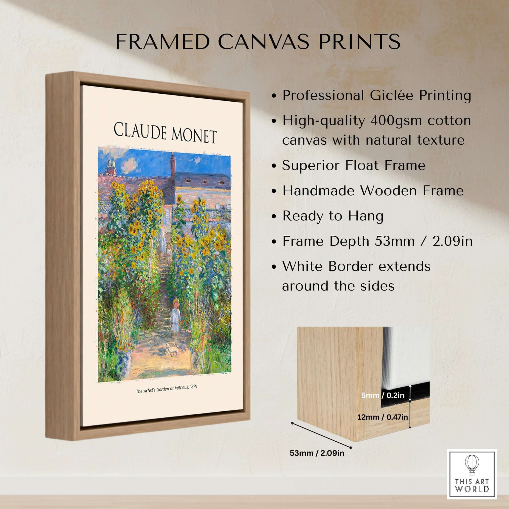 Monet Artists Garden at Vétheuil Sunflowers Impressionist Art Print Poster framed and ready to hang.