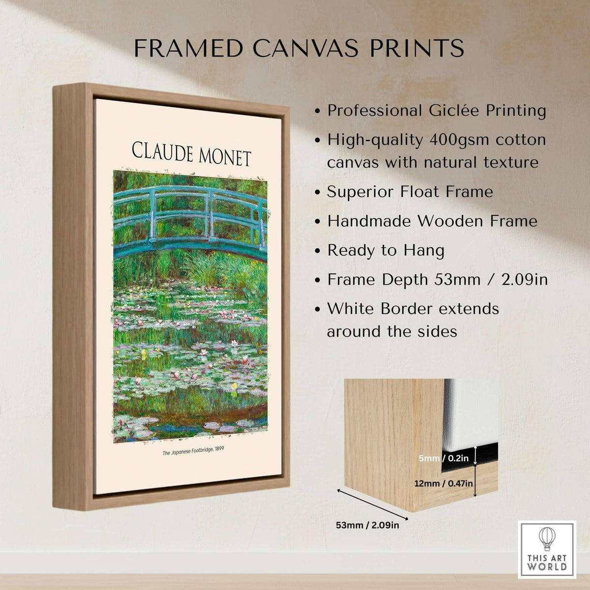 Monet Japanese Footbridge Water Lilies Giverny Garden Poster Art Print in a wooden frame with specifications.