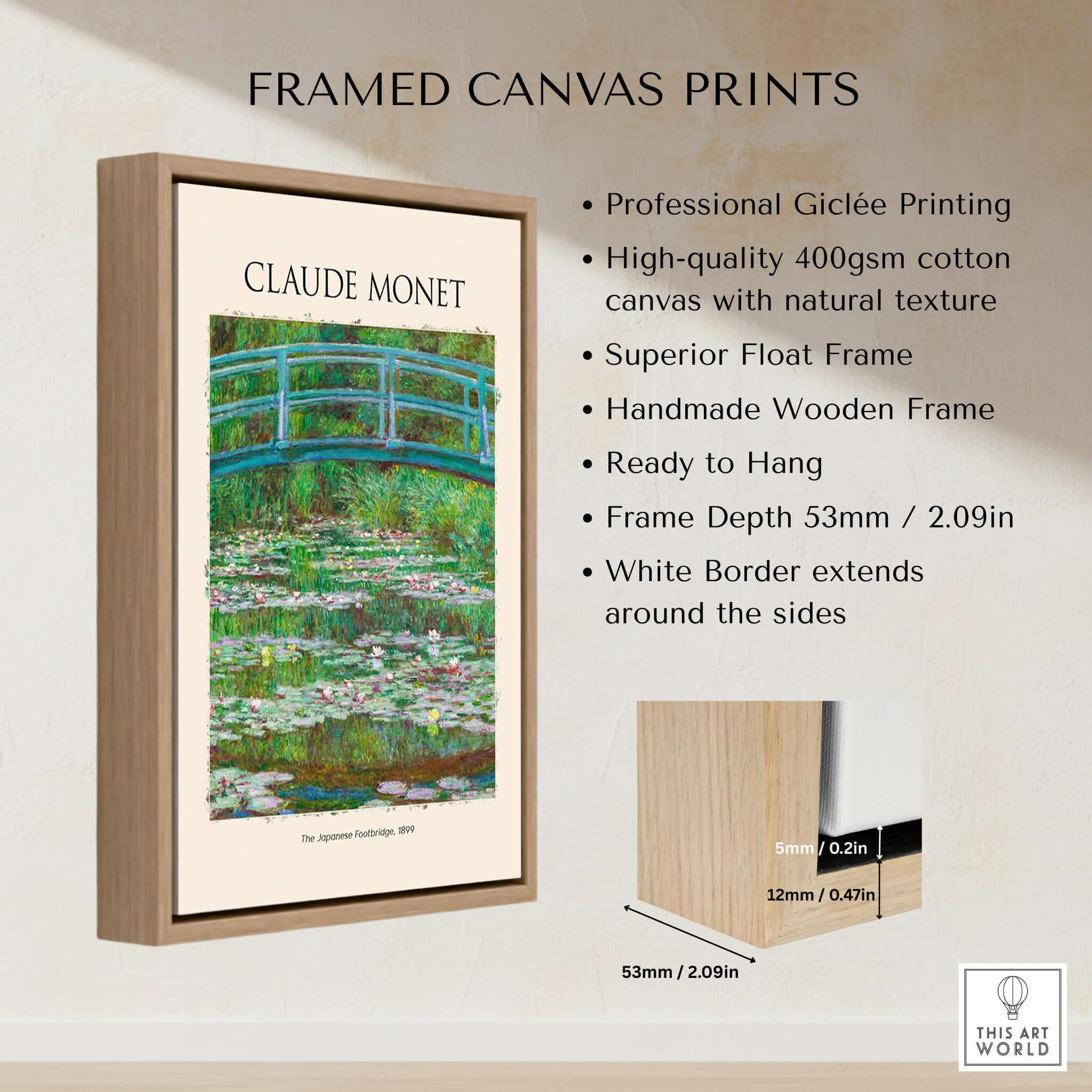 Monet Japanese Footbridge Water Lilies Giverny Garden Poster Art Print in a wooden frame with specifications.