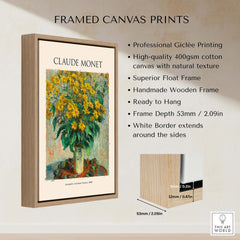 Monet Jerusalem Artichoke Flowers Still Life Floral Art Print Poster in a framed canvas print format with wooden frame.