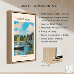 Monet The Bridge at Argenteuil Seine River Landscape Art Print Poster framed with natural wood, showcasing giclée printing.