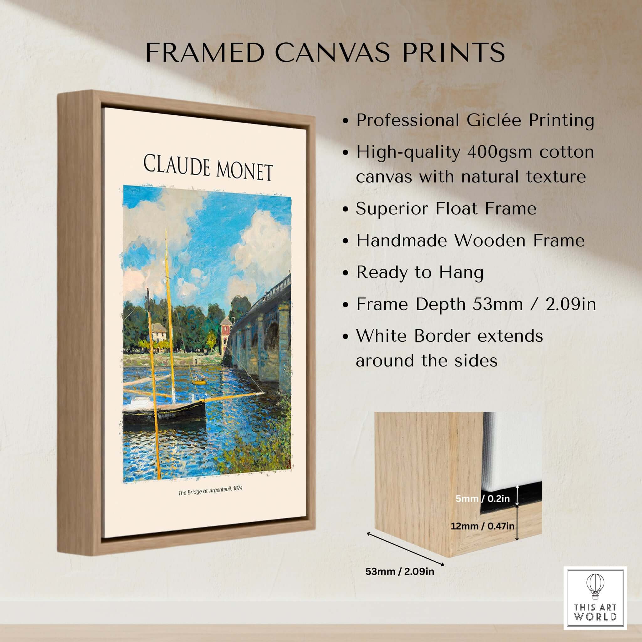 Monet The Bridge at Argenteuil Seine River Landscape Art Print Poster framed with natural wood, showcasing giclée printing.