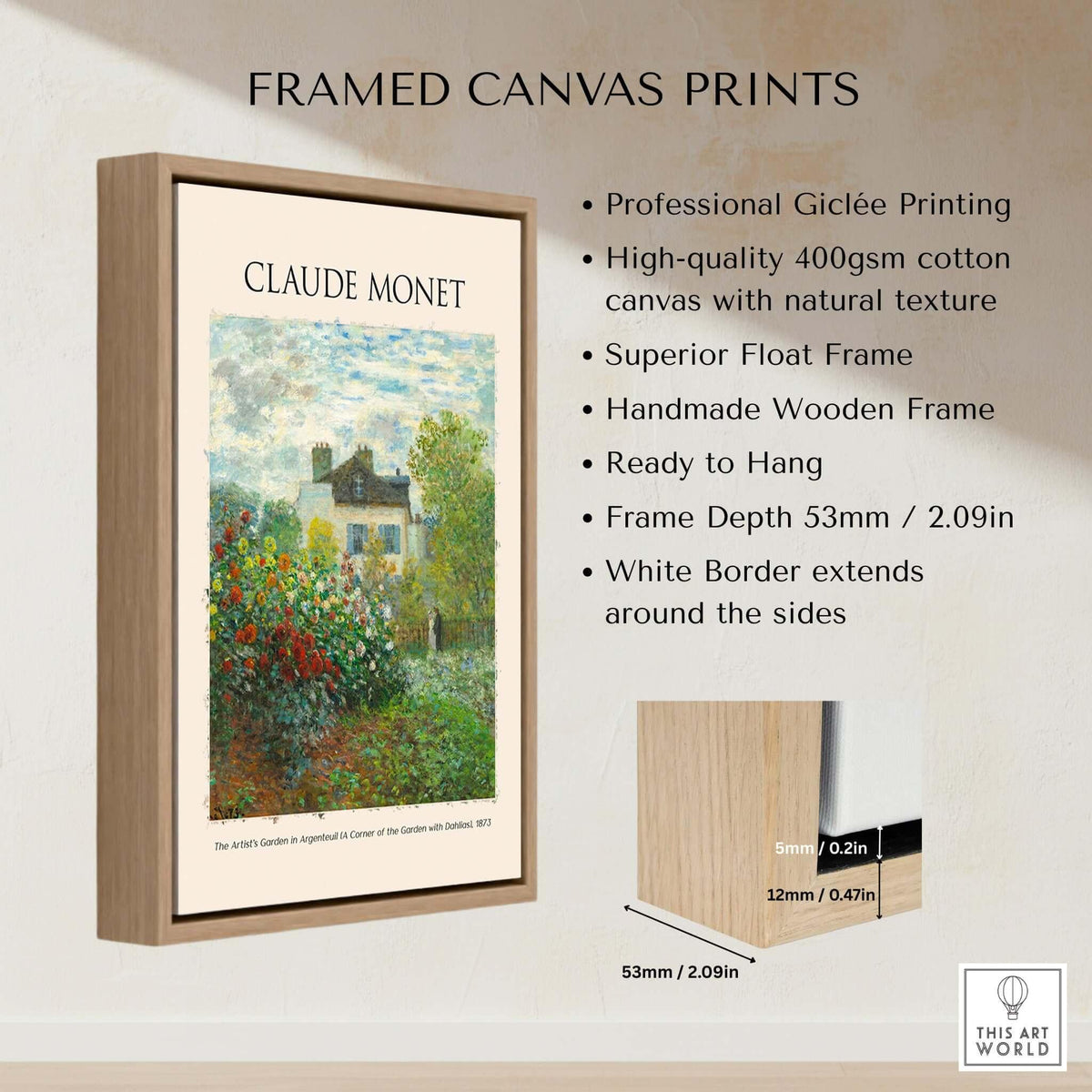 Monet Artists Garden Argenteuil Dahlias Floral Impressionist Poster Art Print framed with a wooden float frame and natural texture.