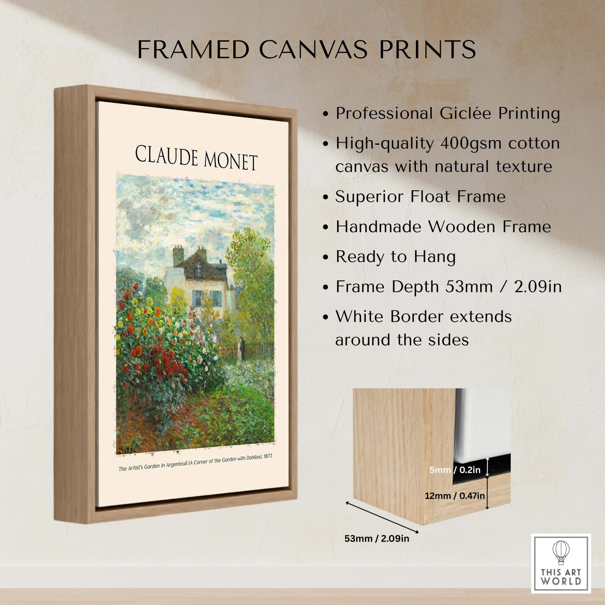 Monet Artists Garden Argenteuil Dahlias Floral Impressionist Poster Art Print framed with a wooden float frame and natural texture.