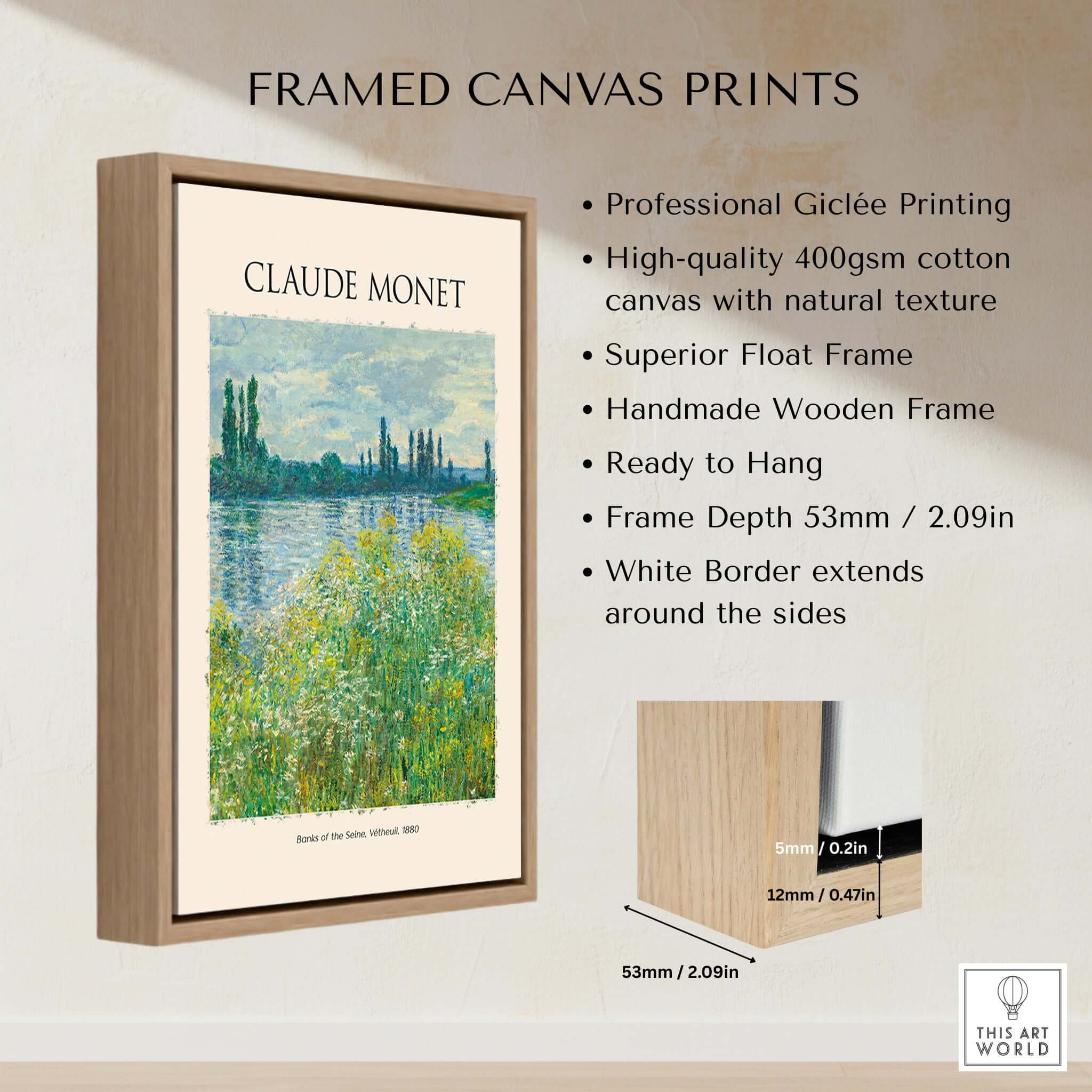 Framed canvas print featuring Claude Monet's artwork with a professional giclée printing and natural texture.