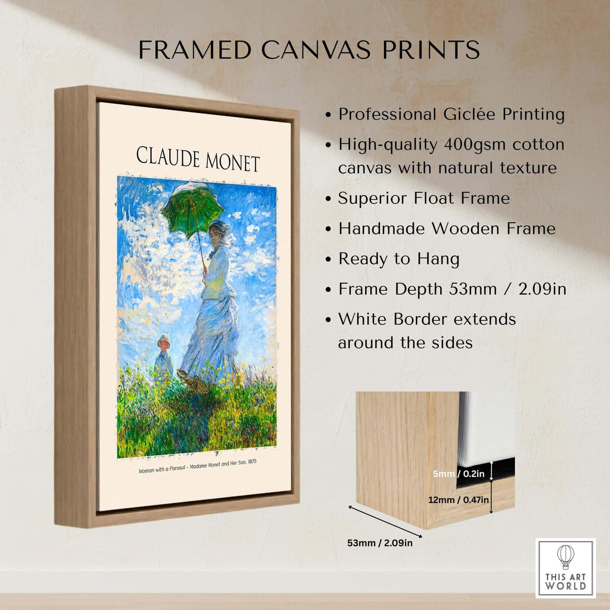 Monet Woman with Parasol Madame Monet Son Impressionist Art Print Poster in a framed canvas print format.