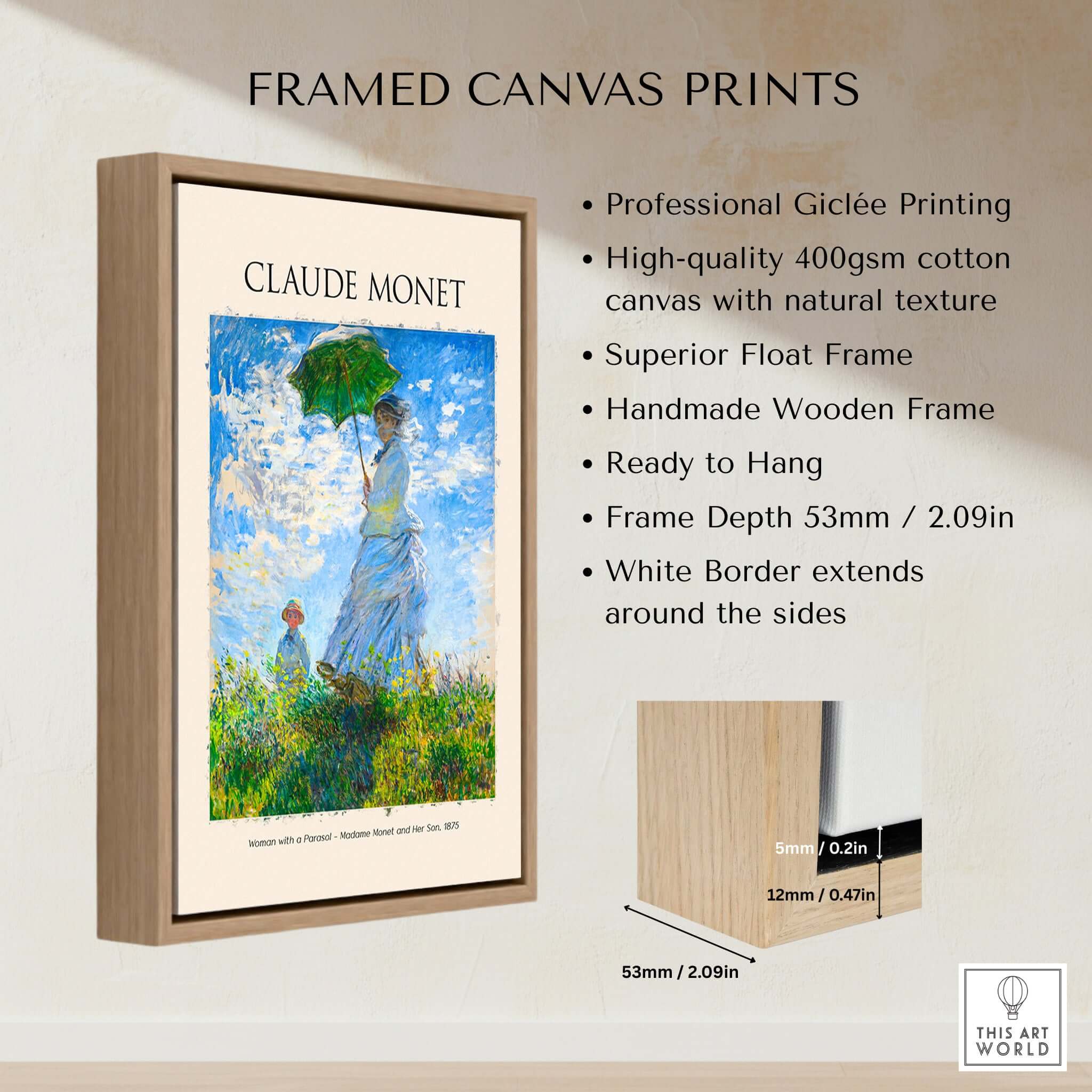 Monet Woman with Parasol Madame Monet Son Impressionist Art Print Poster in a framed canvas print format.
