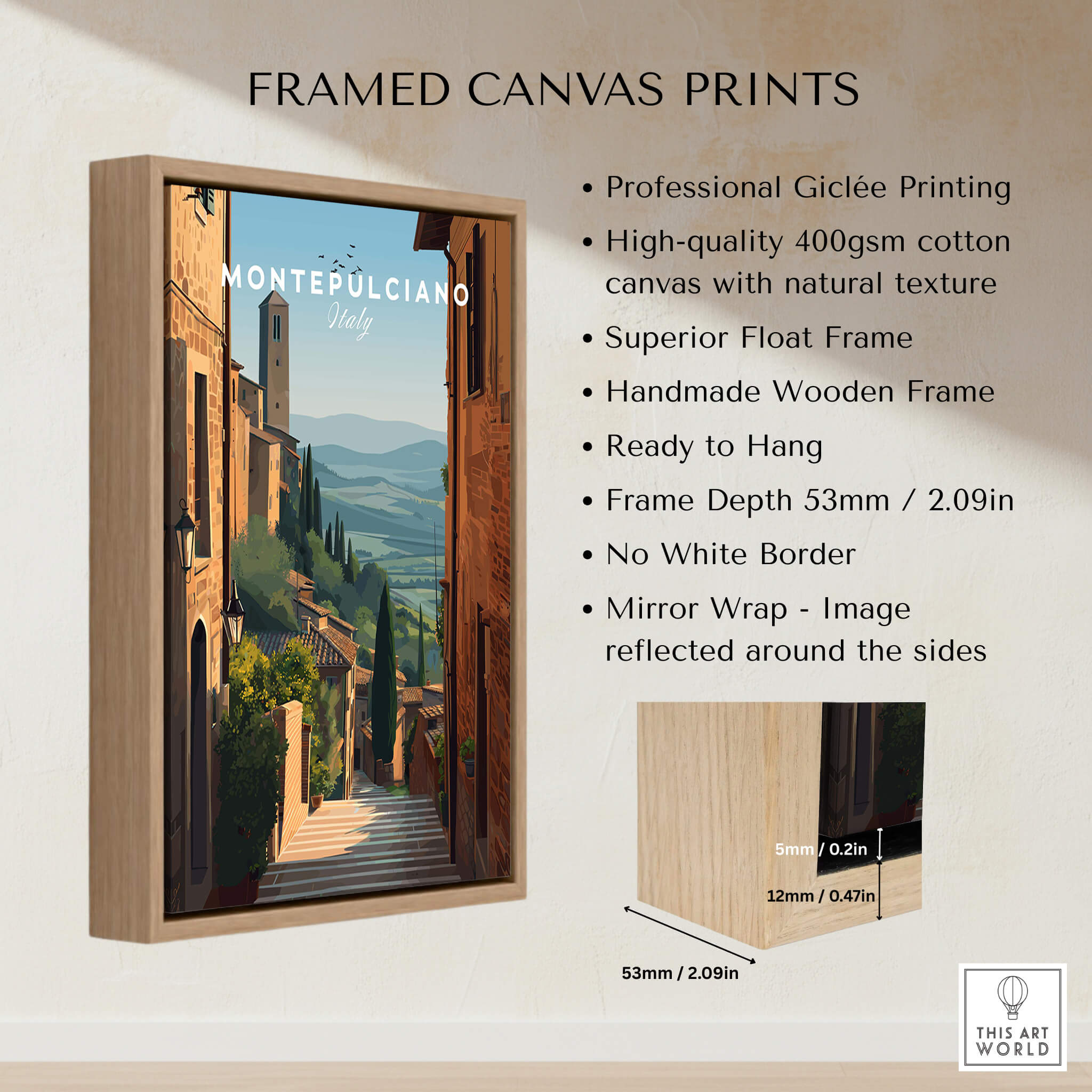 Montepulciano Tuscany Italy Wall Art Print | Italian Hill Town Travel Poster framed canvas print showcasing stunning artwork.