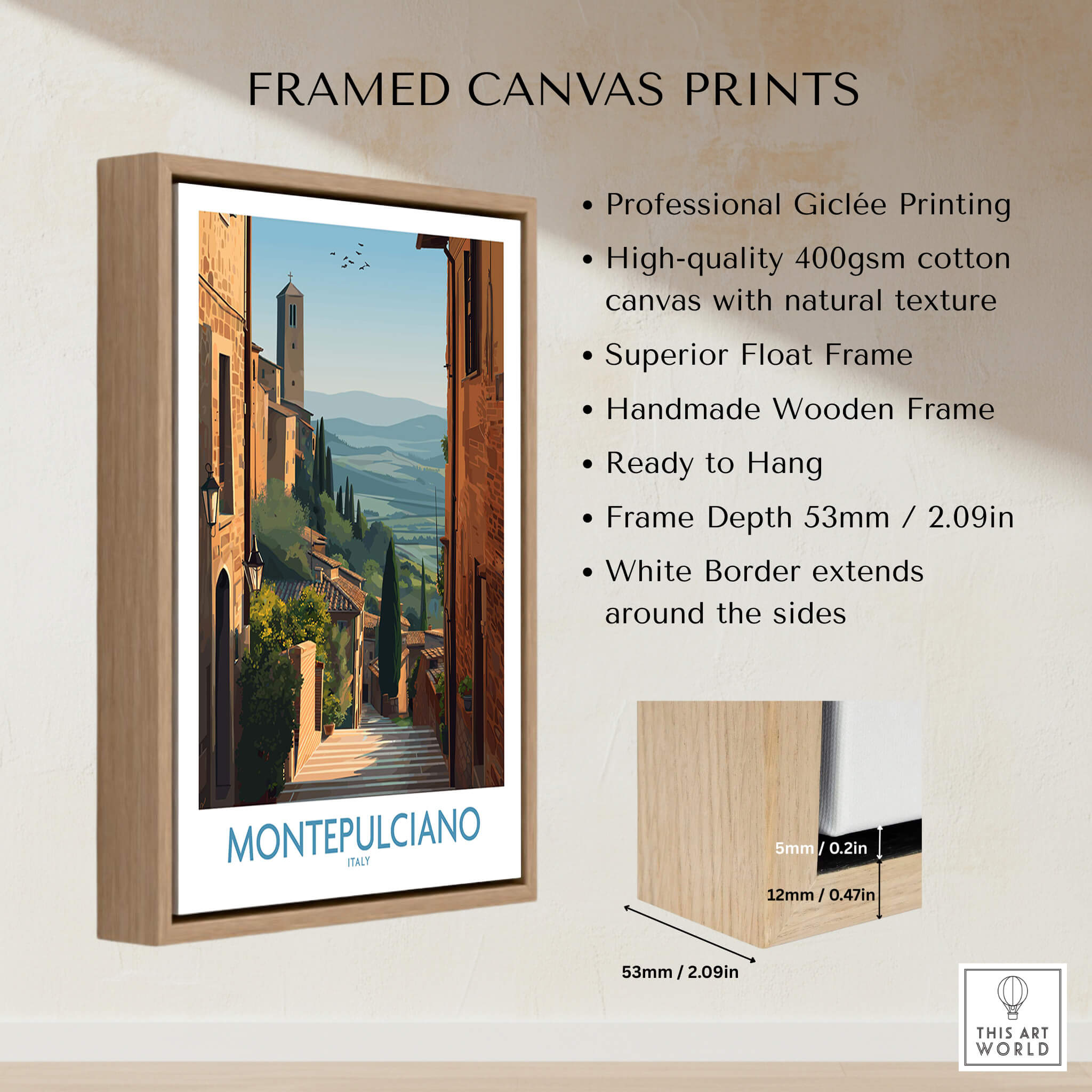 Montepulciano Italy Poster | Tuscany Landscape Vineyard Canvas Print framed in a stylish wooden frame.