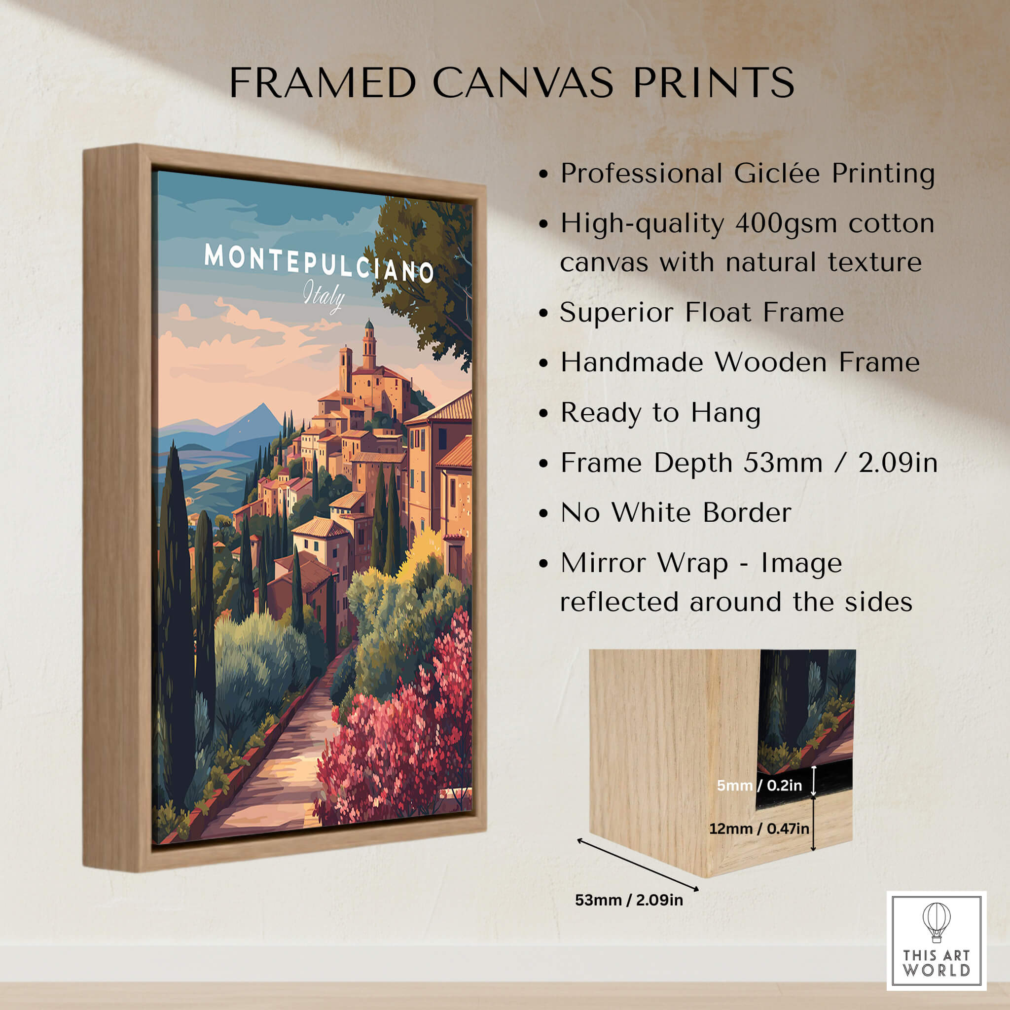 Montepulciano Italy Travel Poster | Tuscan Sunset Wall Art Print displayed in a handmade wooden frame.