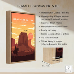 Framed canvas print featuring Monument Valley Arizona sunset with cowboy and float frame details