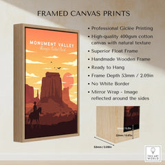 Monument Valley Navajo Tribal Park framed canvas wall art with float wooden frame, sunset landscape.