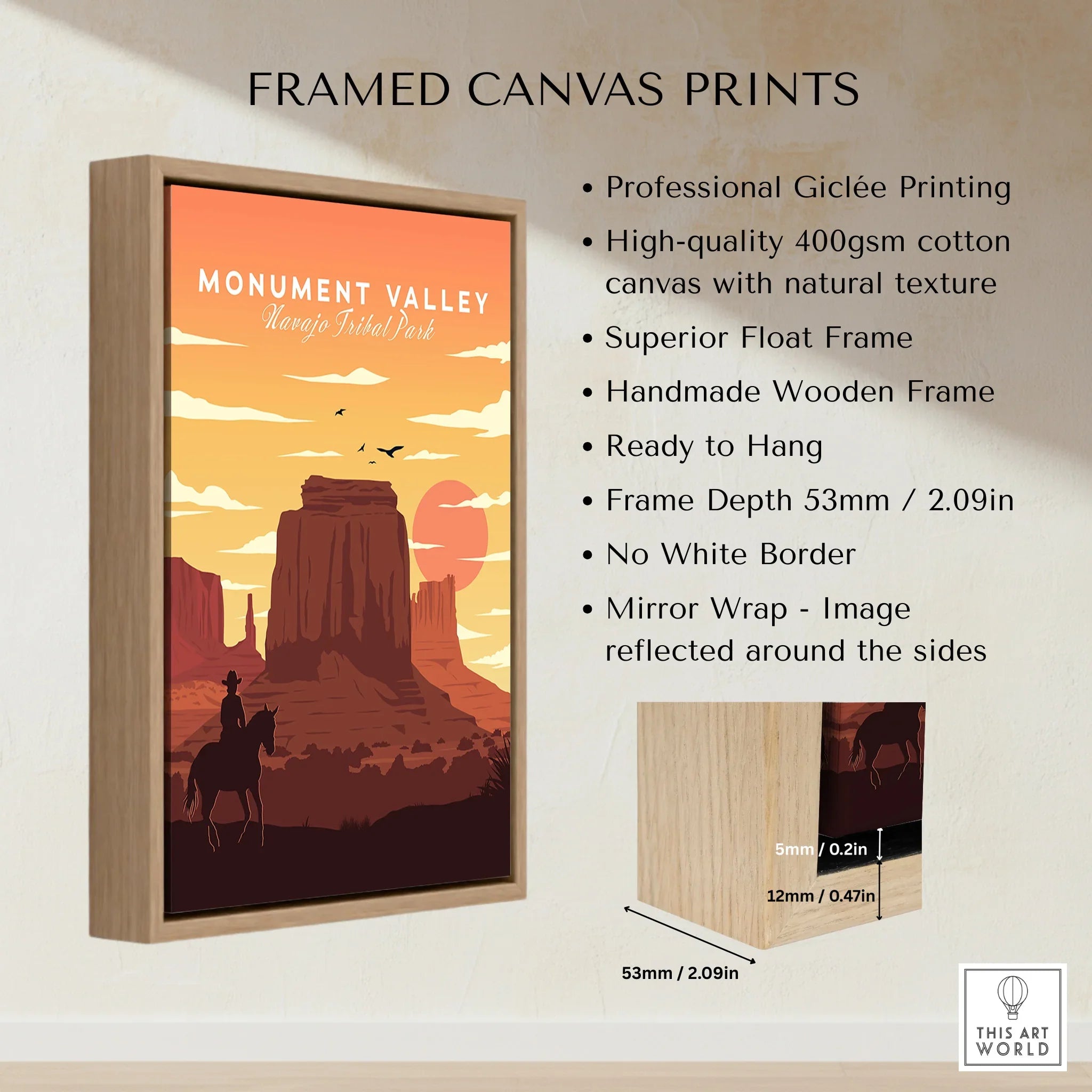 Monument Valley Navajo Tribal Park framed canvas wall art with float wooden frame, sunset landscape.