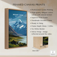 Mount Cook New Zealand Wall Art Print | Aoraki National Park Travel Poster showcasing framed canvas details.